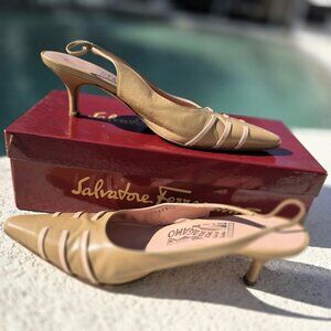 Vintage Salvatore Ferragamo Rosier Beige Leather Slingback Heels — Size 7.5 B